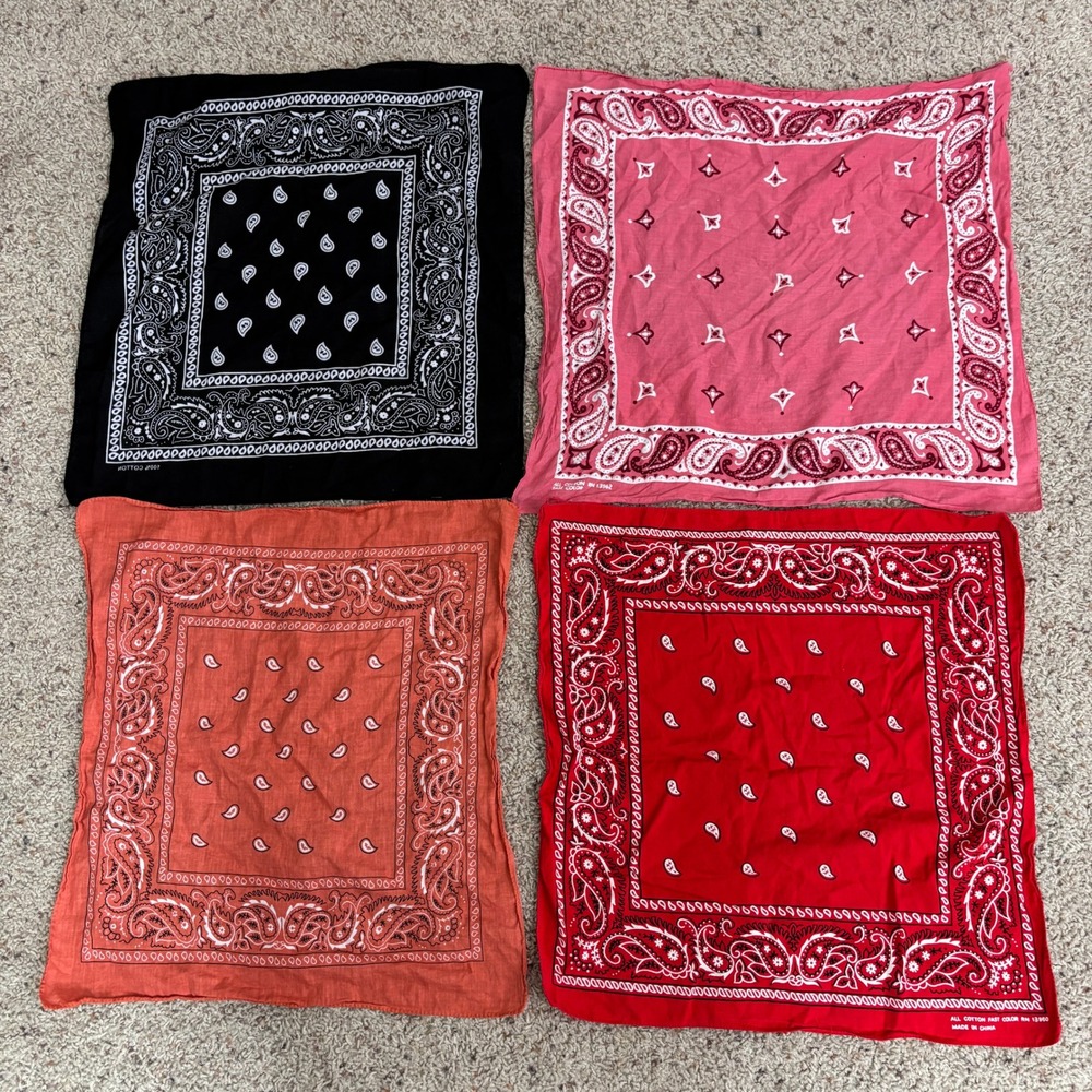 Set of 4 Cotton Bandanas Paisley Print Black Red Pink Orange
